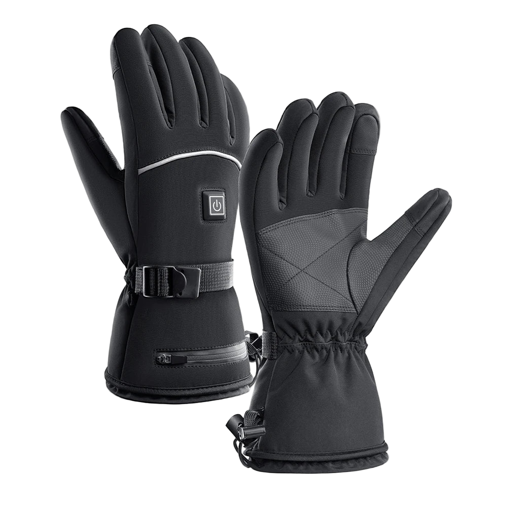 Pair of black heated gloves with a power button on a white background