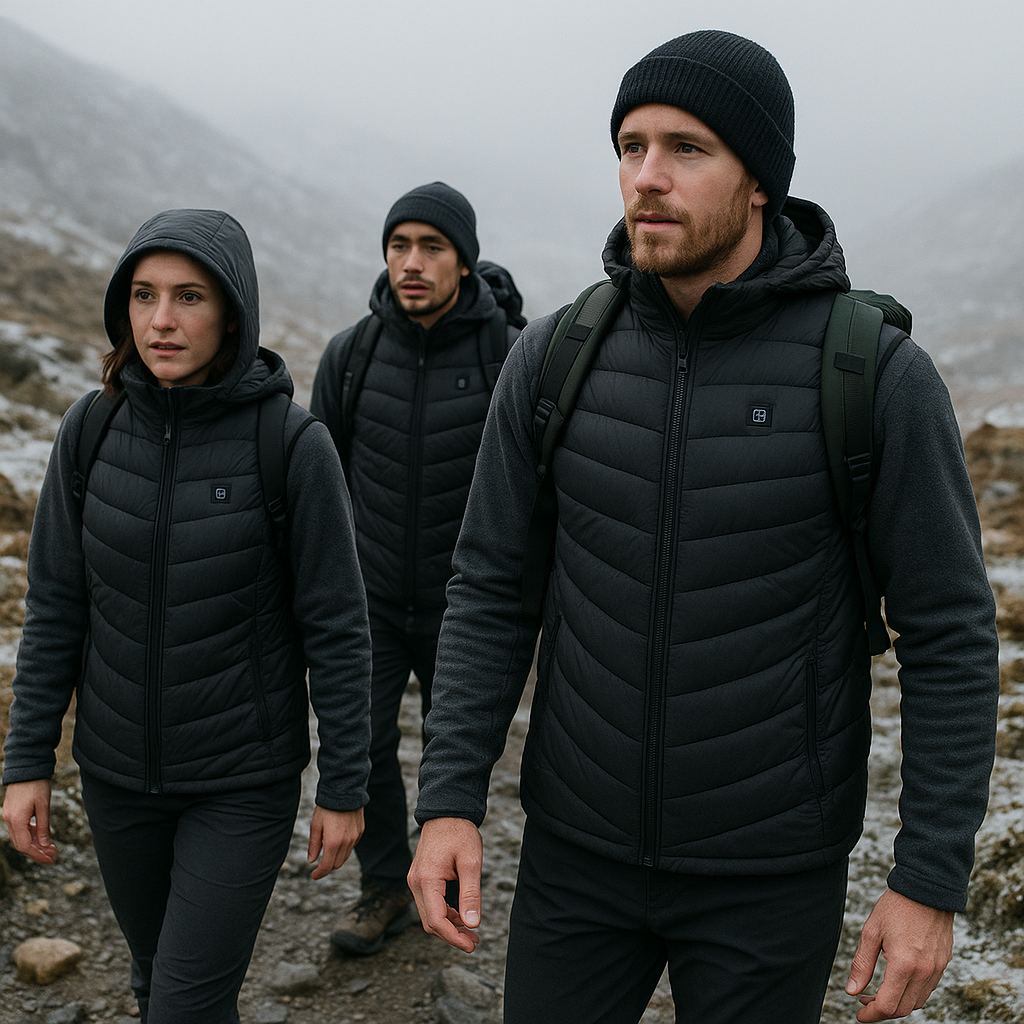 Three people wearing black puffer jackets walking on a rocky, mountainous trail.
