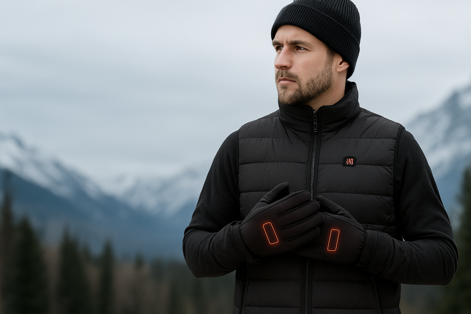 Man wearing a black heated jacket and gloves with mountains in the background