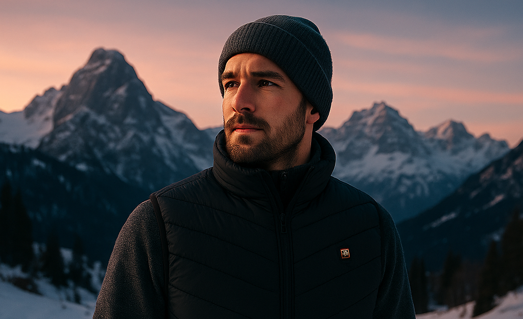 Man in winter clothing with mountains in the background, featuring 'Conquer the Cold' text and Ignitewear logo.