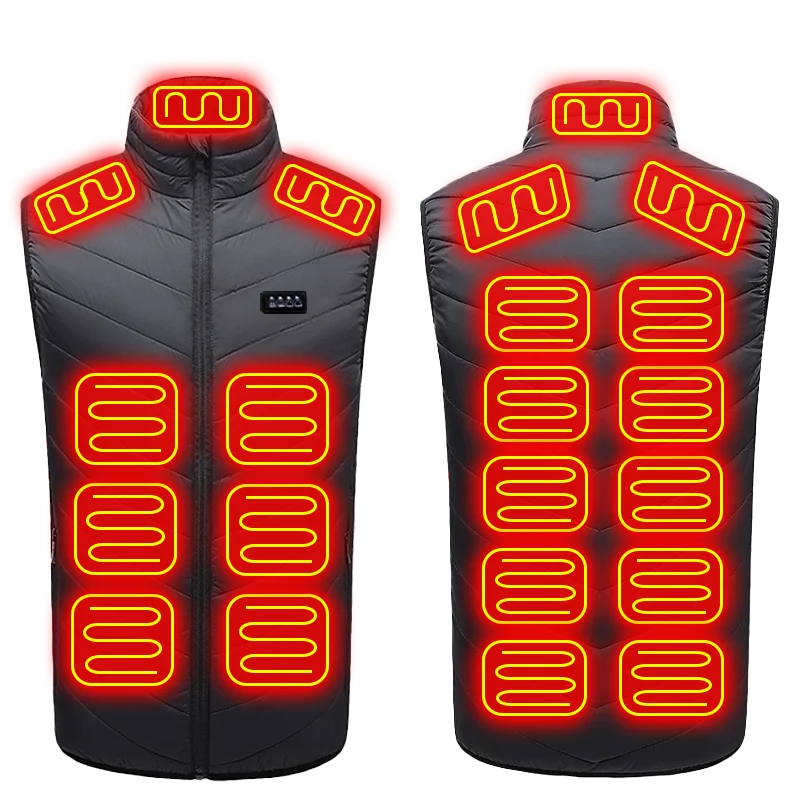 Black heated vest with red heating elements on a white background