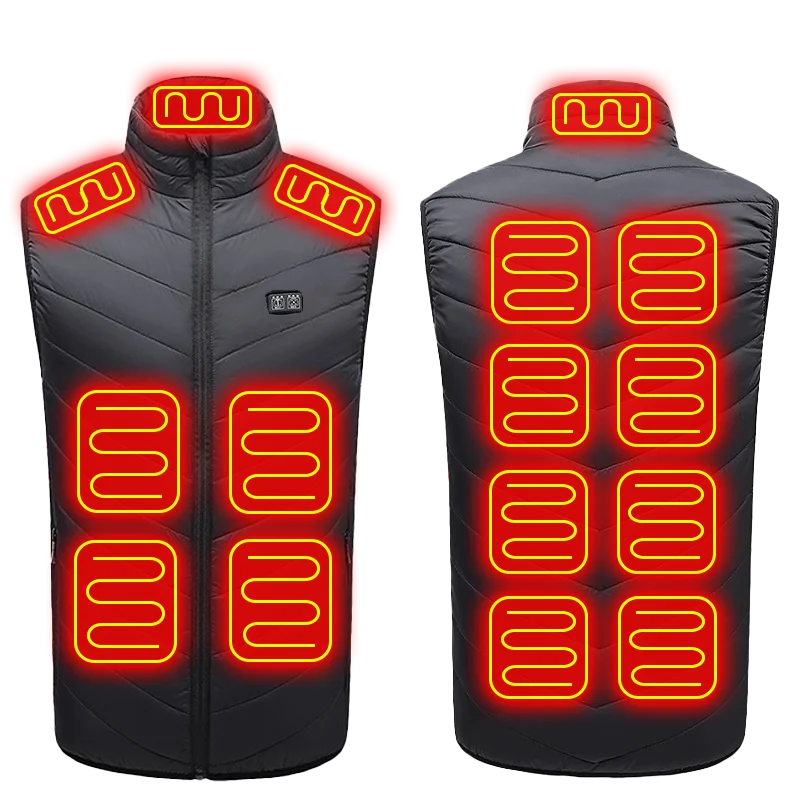 Gray heated vest with red heating element indicators on a white background