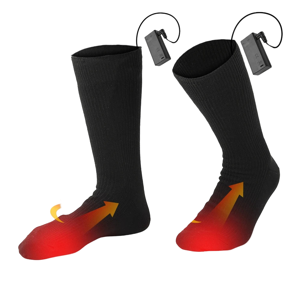 Black heated socks with battery packs on a white background