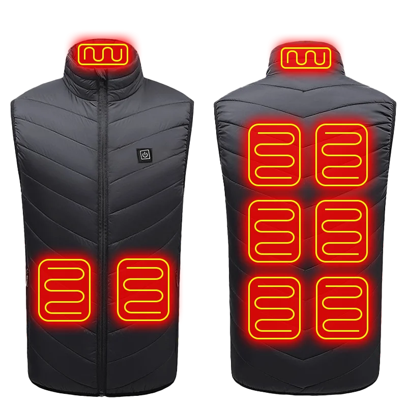 Black heated vest with red heating indicator lights on a white background