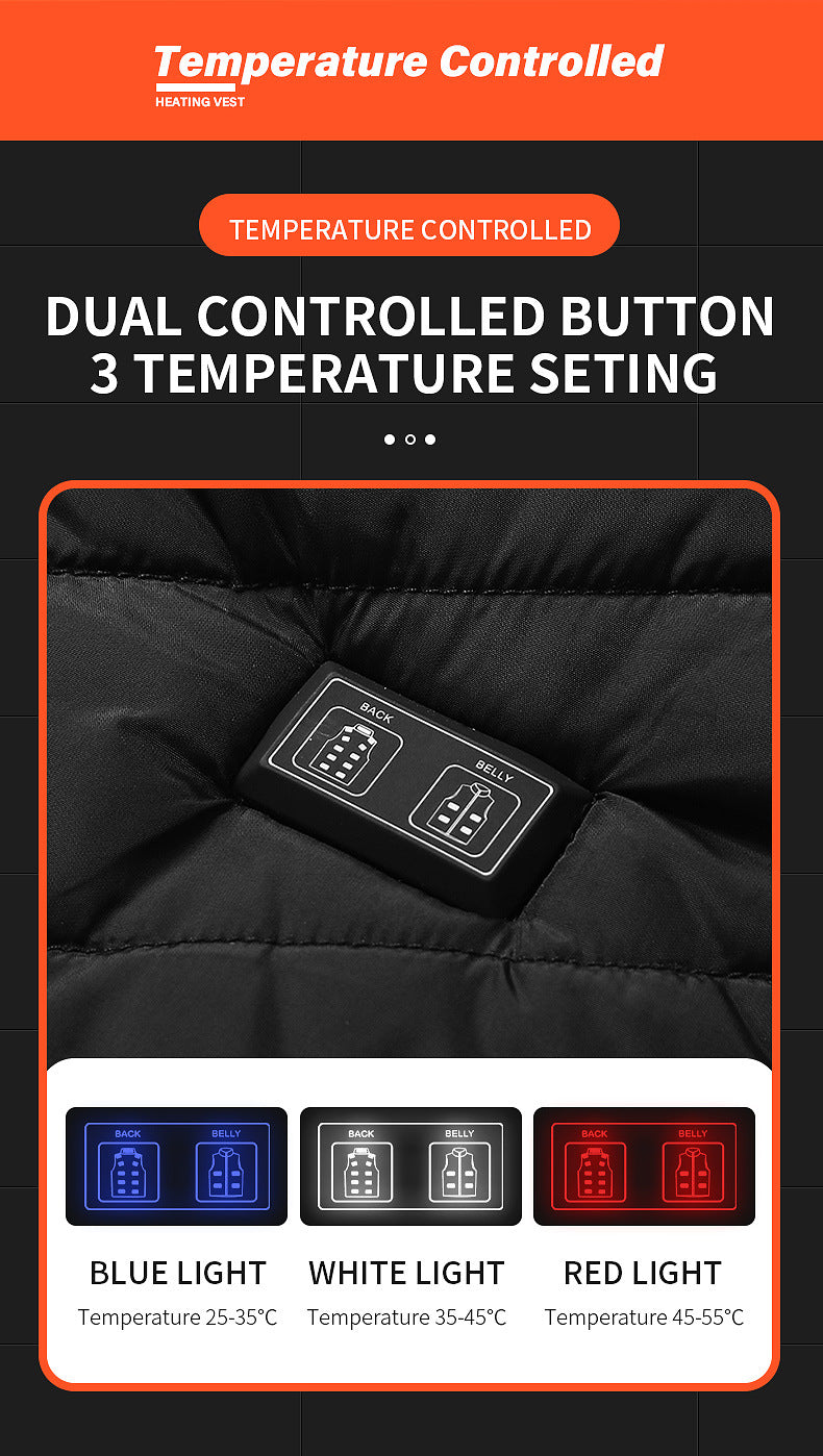Black heating pad with temperature control buttons and light color options on an orange and black background.