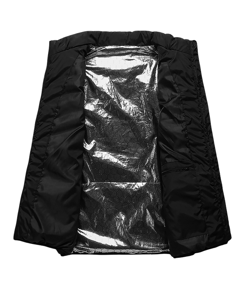 Black jacket with reflective silver lining on a white background