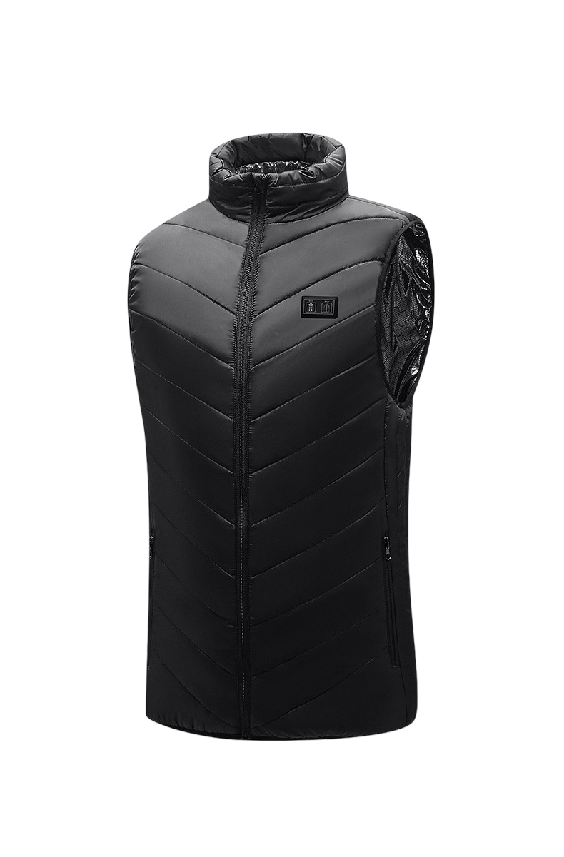 Black quilted vest with a white background