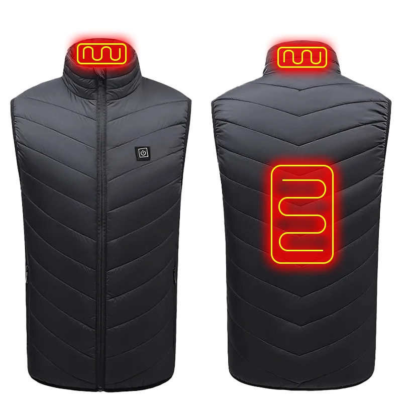 Black heated vest with glowing red heating elements on a white background