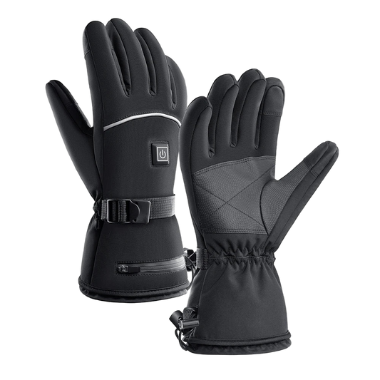 Pair of black heated gloves with a power button on a white background