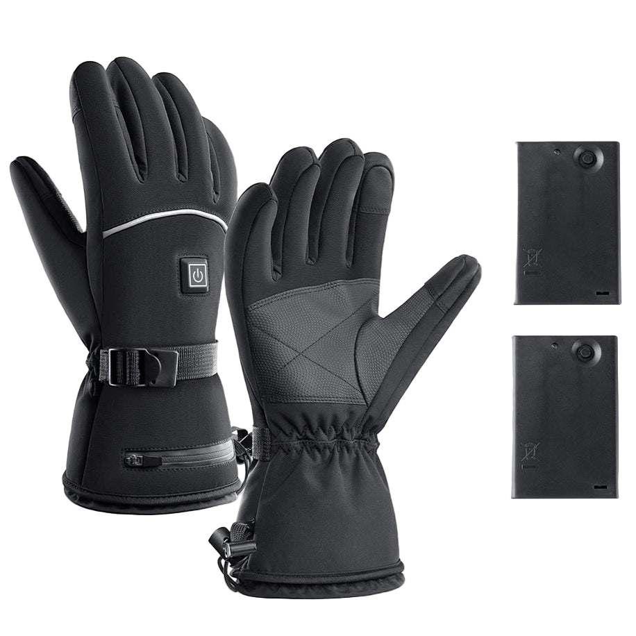 Black heated gloves with battery case on a white background