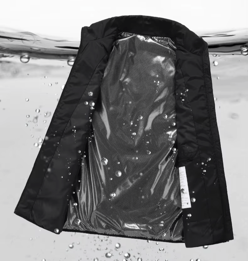 Black jacket with water-resistant material on a gray background